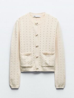 Zara Cream Knit Cardigan Sweater w/ Pearl Detail & Pockets – Size L